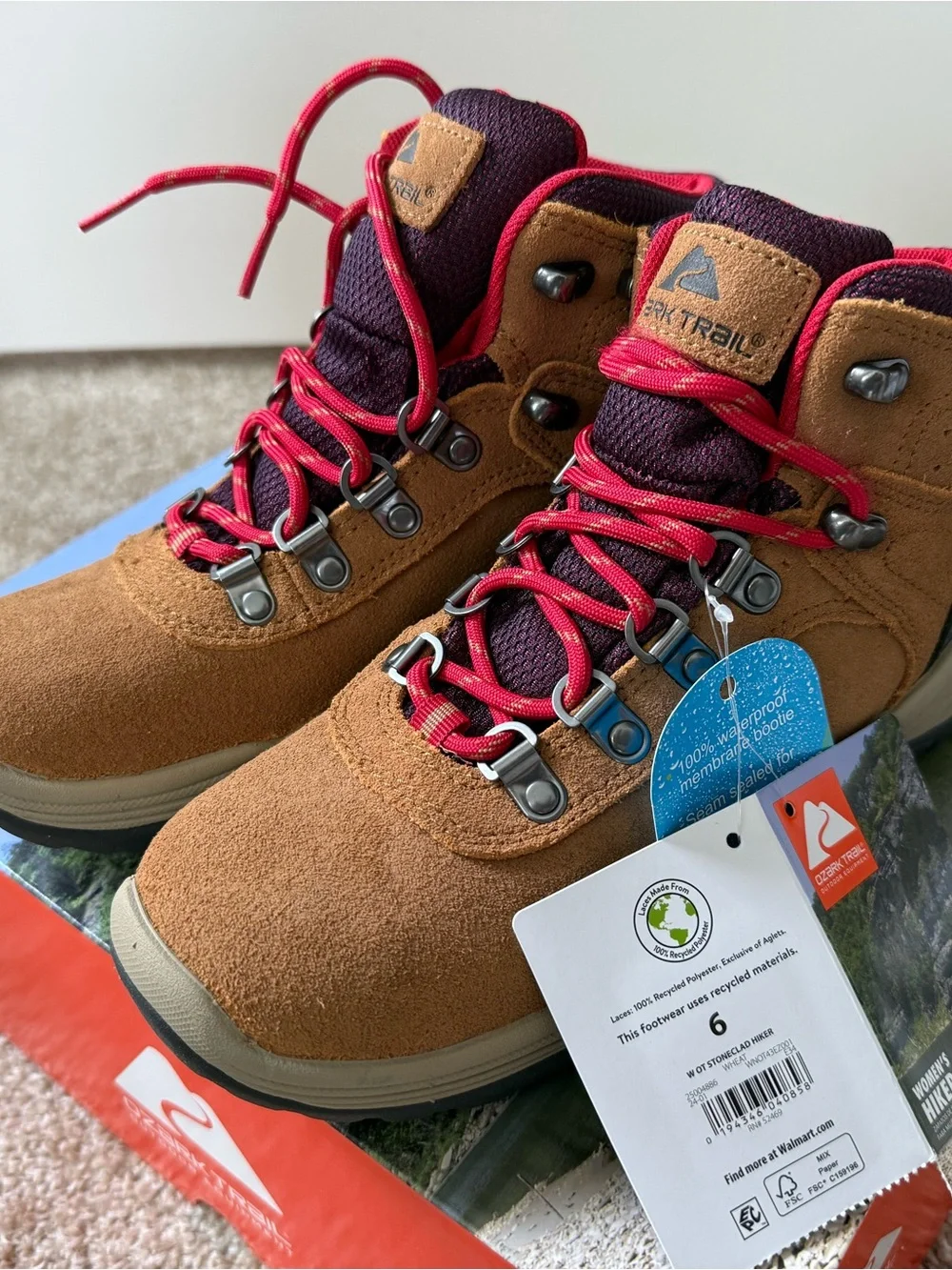 Ozark Trail Womens Brown Suede Hiking Boots with Red Laces waterproof